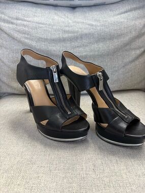 Michael Kors Black Leather Zip-Front Platform Heels
